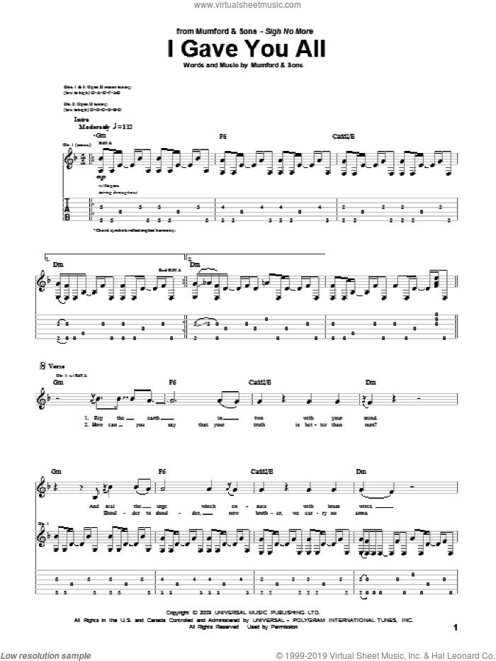 I Gave You All sheet music for guitar (tablature) by Mumford & Sons and Marcus Mumford, intermediate skill level