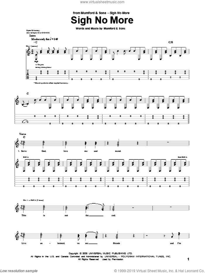 Sigh No More sheet music for guitar (tablature) by Mumford & Sons and Marcus Mumford, intermediate skill level