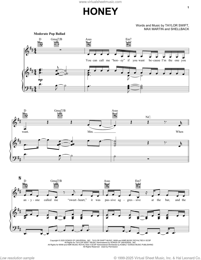 Honey sheet music for voice, piano or guitar by Taylor Swift, Max Martin and Shellback (aka Johan Schuster), intermediate skill level