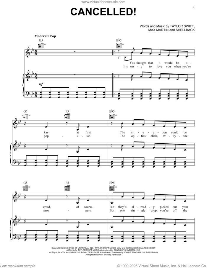 CANCELLED! sheet music for voice, piano or guitar by Taylor Swift, Max Martin and Shellback (aka Johan Schuster), intermediate skill level