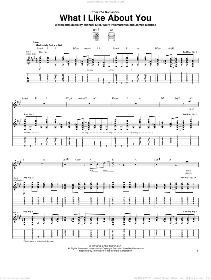 What I Like About You sheet music for guitar (tablature) by The Romantics, James Marinos, Michael Skill and Wally Palamarchuk, intermediate skill level