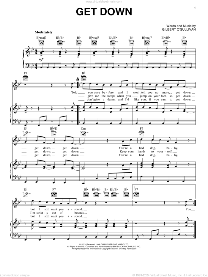 Get Down sheet music for voice, piano or guitar by Gilbert O'Sullivan, intermediate skill level