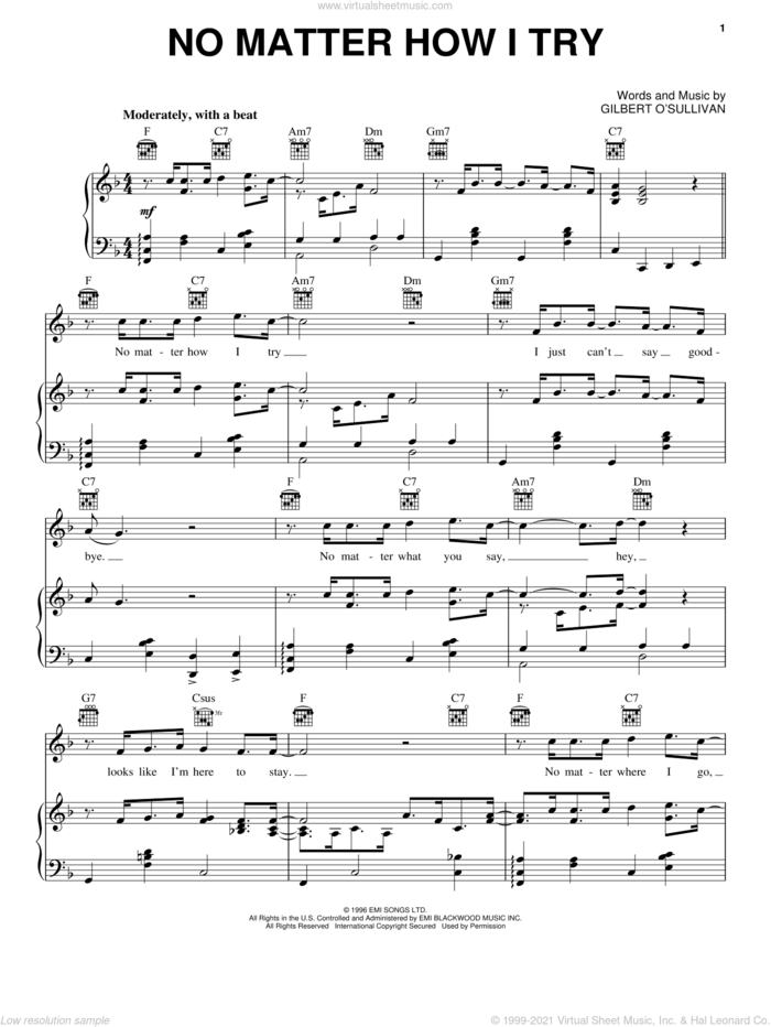 No Matter How I Try sheet music for voice, piano or guitar by Gilbert O'Sullivan, intermediate skill level