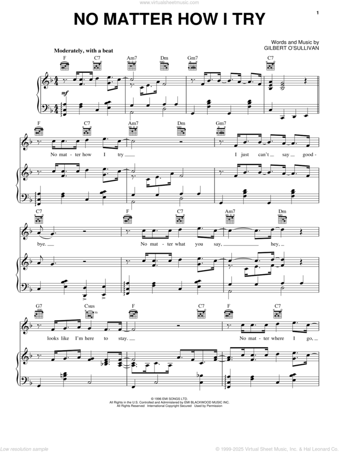 No Matter How I Try sheet music for voice, piano or guitar by Gilbert O'Sullivan, intermediate skill level