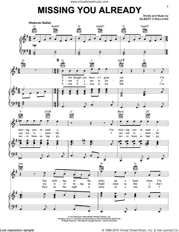 Missing You Already sheet music for voice, piano or guitar by Gilbert O'Sullivan, intermediate skill level