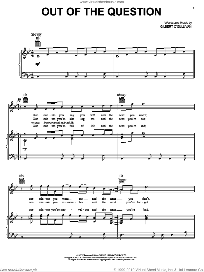 Out Of The Question sheet music for voice, piano or guitar by Gilbert O'Sullivan, intermediate skill level