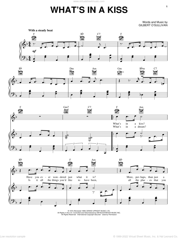 What's In A Kiss sheet music for voice, piano or guitar by Gilbert O'Sullivan, intermediate skill level