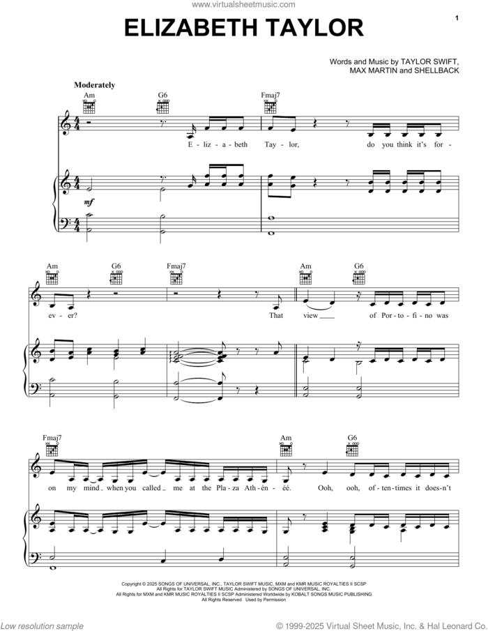 Elizabeth Taylor sheet music for voice, piano or guitar by Taylor Swift, Max Martin and Shellback (aka Johan Schuster), intermediate skill level