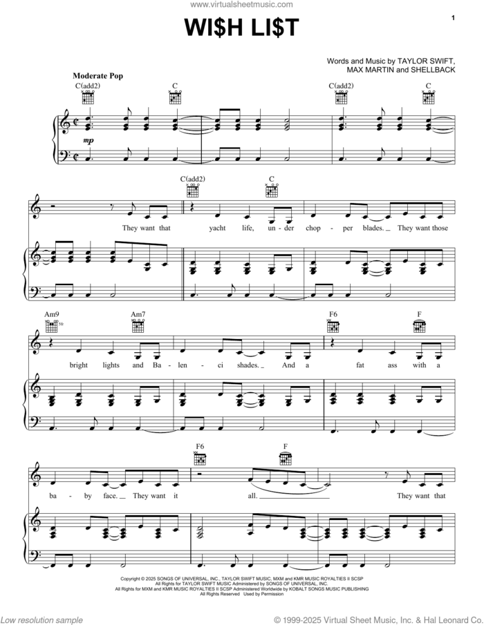Wi$h Li$t sheet music for voice, piano or guitar by Taylor Swift, Max Martin and Shellback (aka Johan Schuster), intermediate skill level