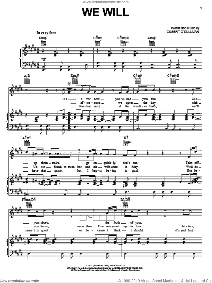We Will sheet music for voice, piano or guitar by Gilbert O'Sullivan, intermediate skill level