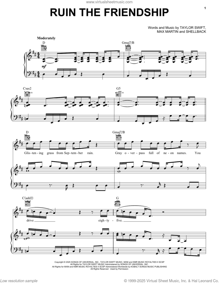 Ruin The Friendship sheet music for voice, piano or guitar by Taylor Swift, Max Martin and Shellback (aka Johan Schuster), intermediate skill level