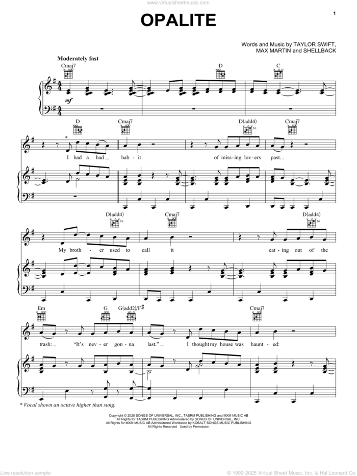 Opalite sheet music for voice, piano or guitar by Taylor Swift, Max Martin and Shellback (aka Johan Schuster), intermediate skill level