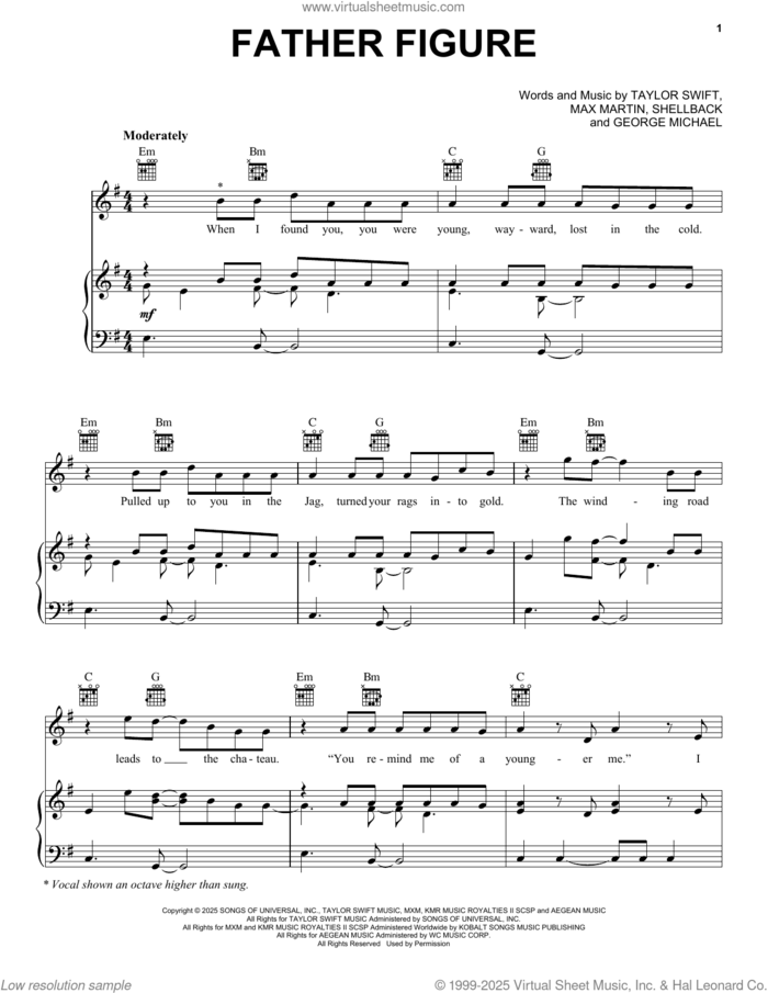 Father Figure sheet music for voice, piano or guitar by Taylor Swift, George Michael, Max Martin and Shellback (aka Johan Schuster), intermediate skill level
