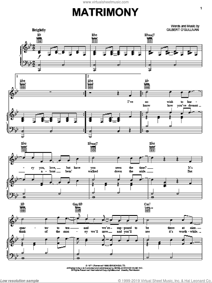 Matrimony sheet music for voice, piano or guitar by Gilbert O'Sullivan, intermediate skill level