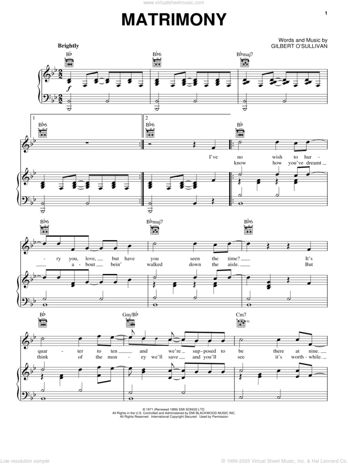 Matrimony sheet music for voice, piano or guitar by Gilbert O'Sullivan, intermediate skill level