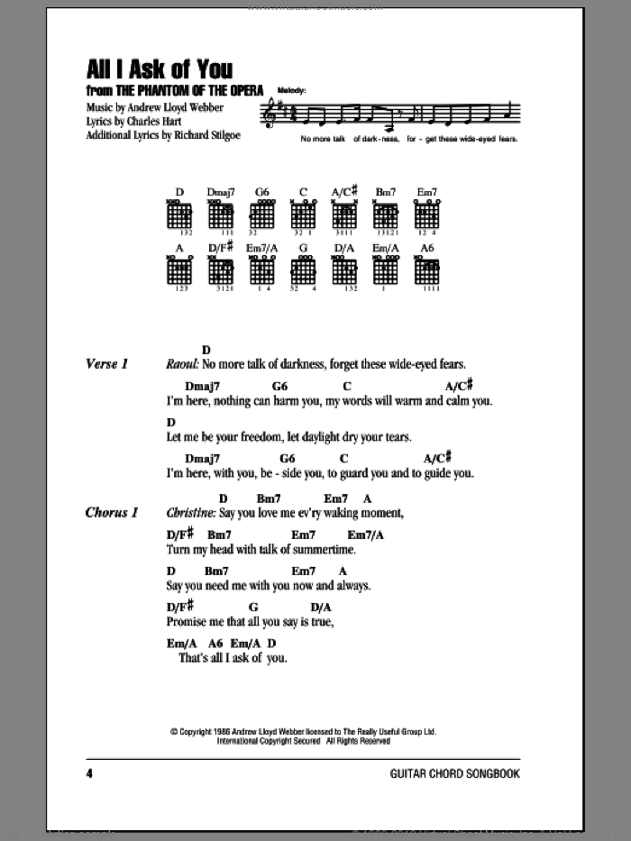 All I Ask Of You (from The Phantom Of The Opera) sheet music for guitar (chords) by Andrew Lloyd Webber, Barbra Streisand, The Phantom Of The Opera (Musical), Charles Hart and Richard Stilgoe, wedding score, intermediate skill level