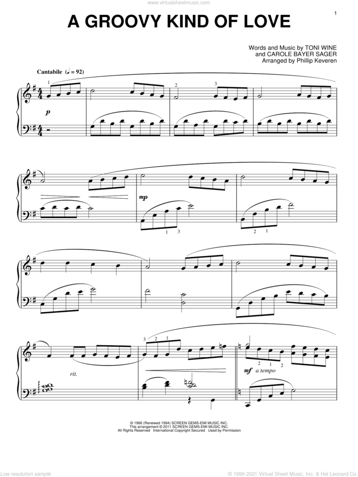 A Groovy Kind Of Love (arr. Phillip Keveren) sheet music for piano solo by The Mindbenders, Phillip Keveren, Phil Collins, Carole Bayer Sager and Toni Wine, wedding score, intermediate skill level