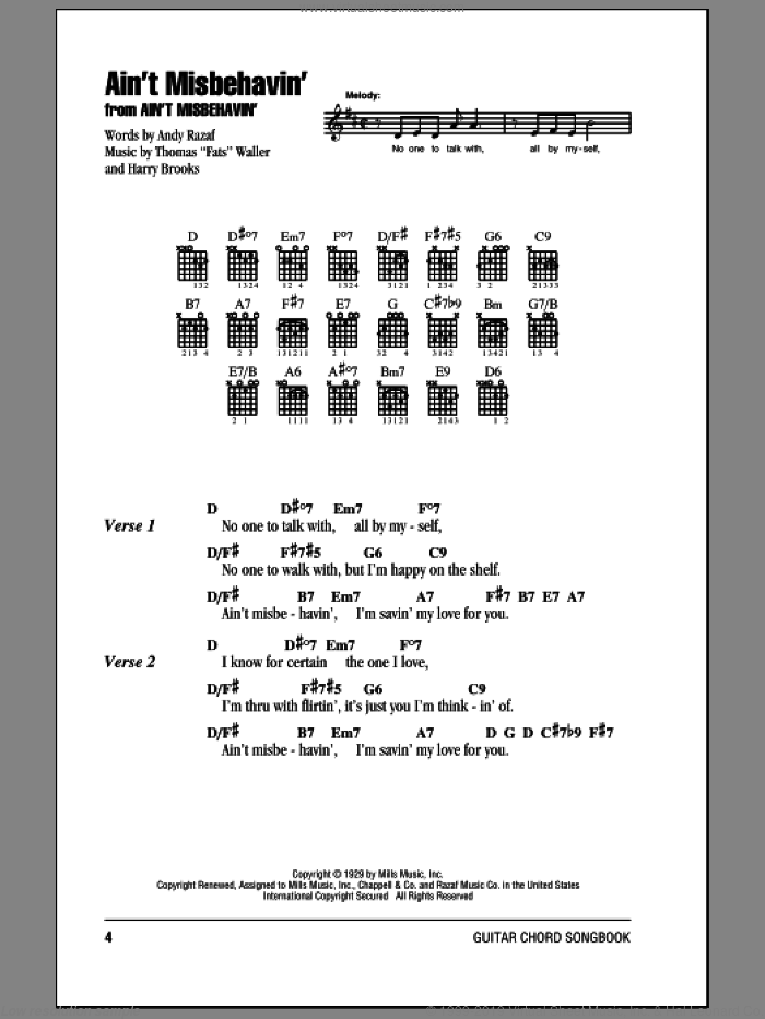 Ain't Misbehavin' sheet music for guitar (chords) by Andy Razaf, Hank Williams, Jr., Thomas Waller and Harry Brooks, intermediate skill level