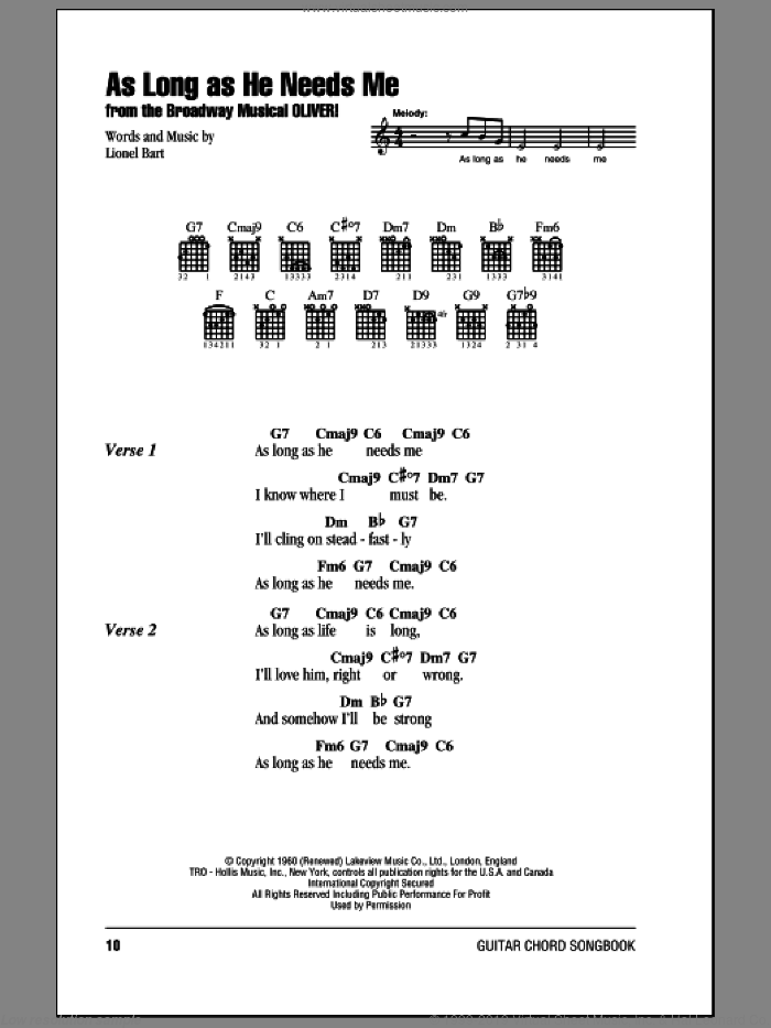 As Long As He Needs Me sheet music for guitar (chords) by Lionel Bart and Oliver! (Musical), intermediate skill level
