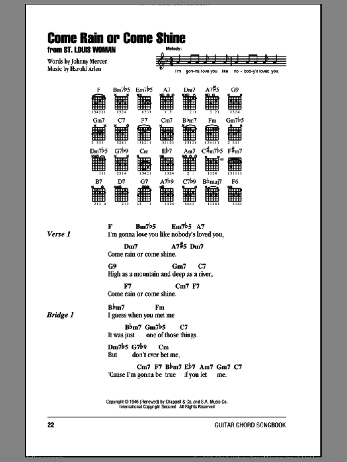 Come Rain Or Come Shine sheet music for guitar (chords) by Harold Arlen and Johnny Mercer, intermediate skill level