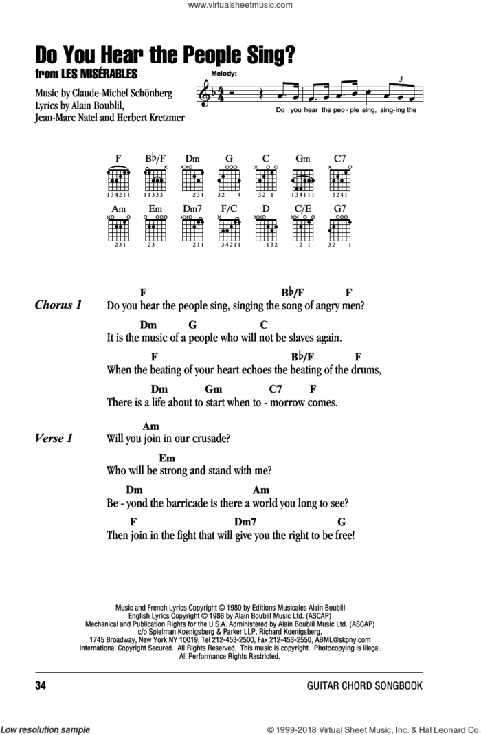 Do You Hear The People Sing? sheet music for guitar (chords) by Alain Boublil, Les Miserables (Musical), Claude-Michel Schonberg, Herbert Kretzmer and Jean-Marc Natel, intermediate skill level