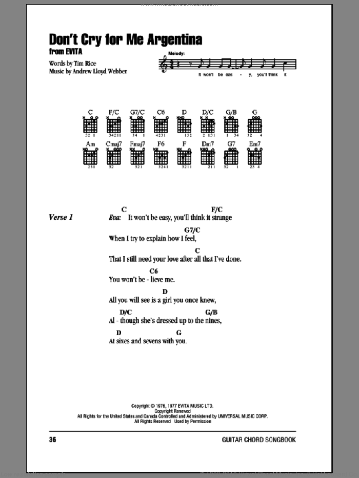 Don't Cry For Me Argentina sheet music for guitar (chords) by Andrew Lloyd Webber, Evita (Musical), Madonna and Tim Rice, intermediate skill level