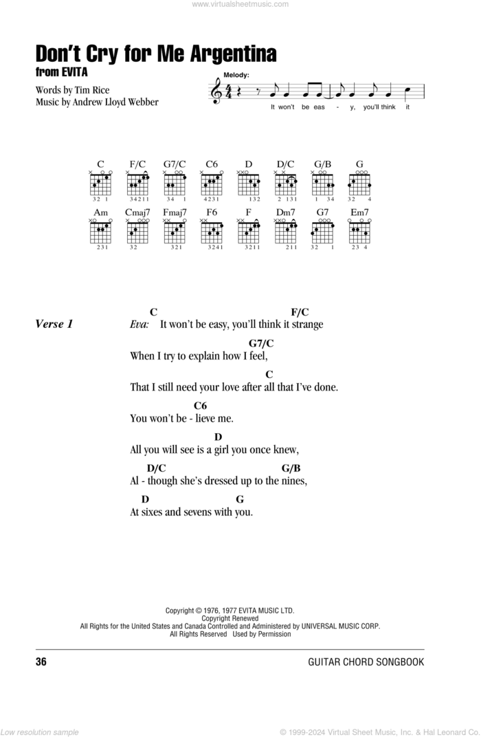 Don't Cry For Me Argentina sheet music for guitar (chords) by Andrew Lloyd Webber, Evita (Musical), Madonna and Tim Rice, intermediate skill level