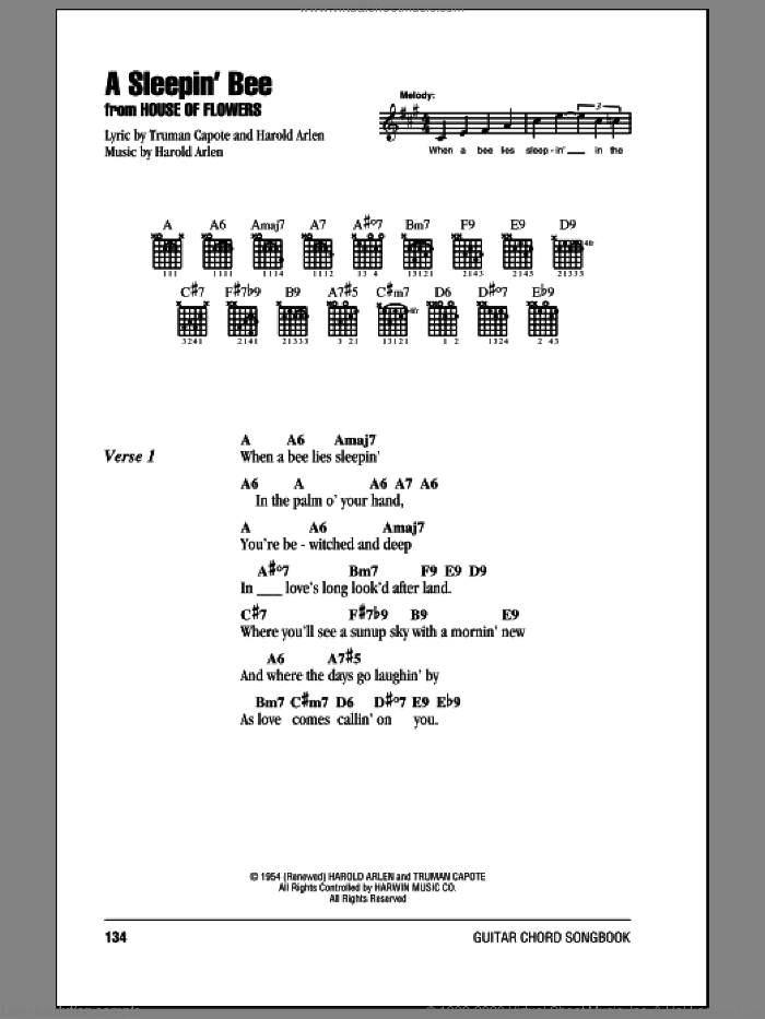 A Sleepin' Bee sheet music for guitar (chords) by Harold Arlen and Truman Capote, intermediate skill level