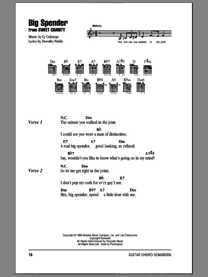 Big Spender sheet music for guitar (chords) by Cy Coleman, Big Spender (Musical), Peggy Lee and Dorothy Fields, intermediate skill level