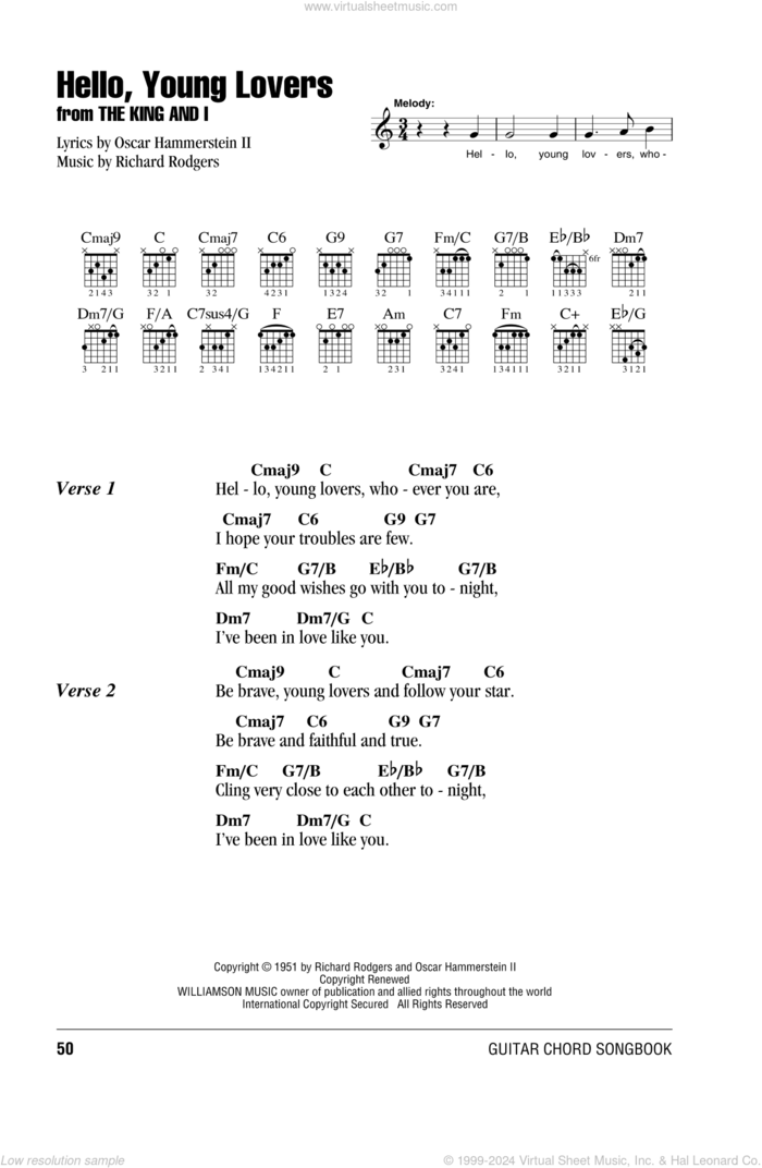 Hello, Young Lovers sheet music for guitar (chords) by Rodgers & Hammerstein, Stevie Wonder, The King And I (Musical), Oscar II Hammerstein and Richard Rodgers, intermediate skill level