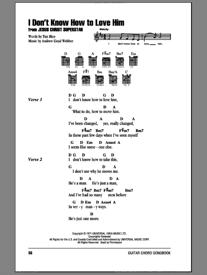 I Don't Know How To Love Him sheet music for guitar (chords) by Andrew Lloyd Webber, Helen Reddy, Jesus Christ Superstar (Musical) and Tim Rice, intermediate skill level