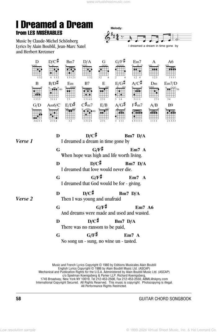 I Dreamed A Dream (from Les Miserables) sheet music for guitar (chords) by Claude-Michel Schonberg, Les Miserables (Musical), Susan Boyle, Alain Boublil, Boublil and Schonberg, Herbert Kretzmer and Jean-Marc Natel, intermediate skill level