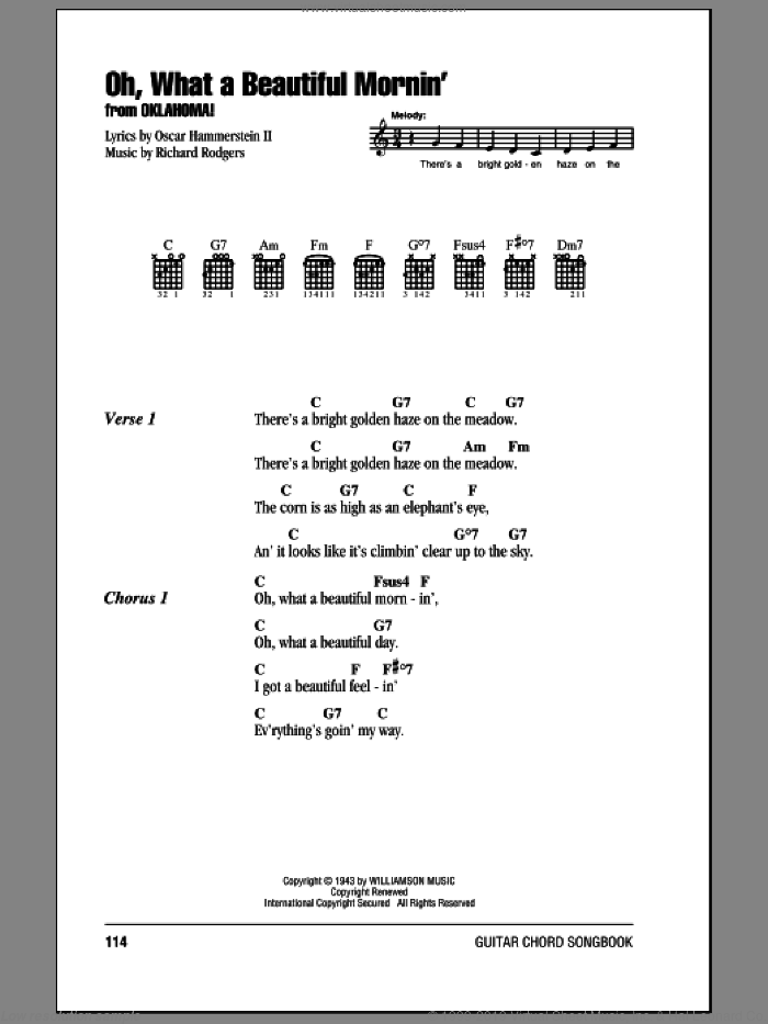 Oh, What A Beautiful Mornin' (from Oklahoma!) sheet music for guitar (chords) by Rodgers & Hammerstein, Oklahoma! (Musical), Oscar II Hammerstein and Richard Rodgers, intermediate skill level