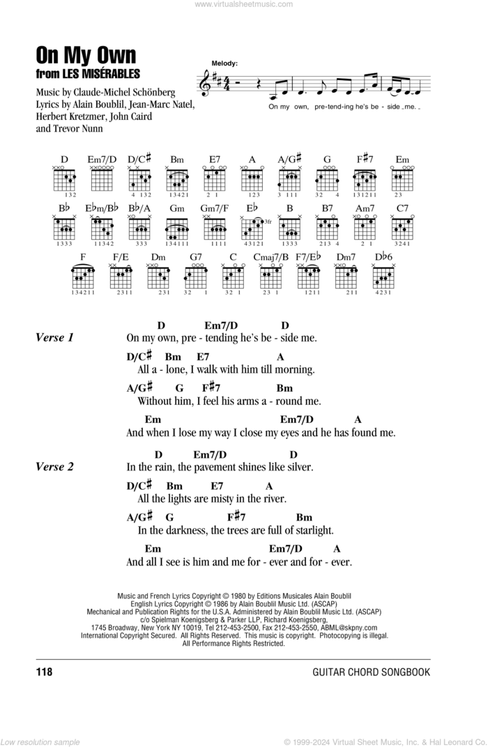 On My Own (from Les Miserables) sheet music for guitar (chords) by Alain Boublil, Les Miserables (Musical), Claude-Michel Schonberg, Herbert Kretzmer, Jean-Marc Natel, John Caird and Trevor Nunn, intermediate skill level