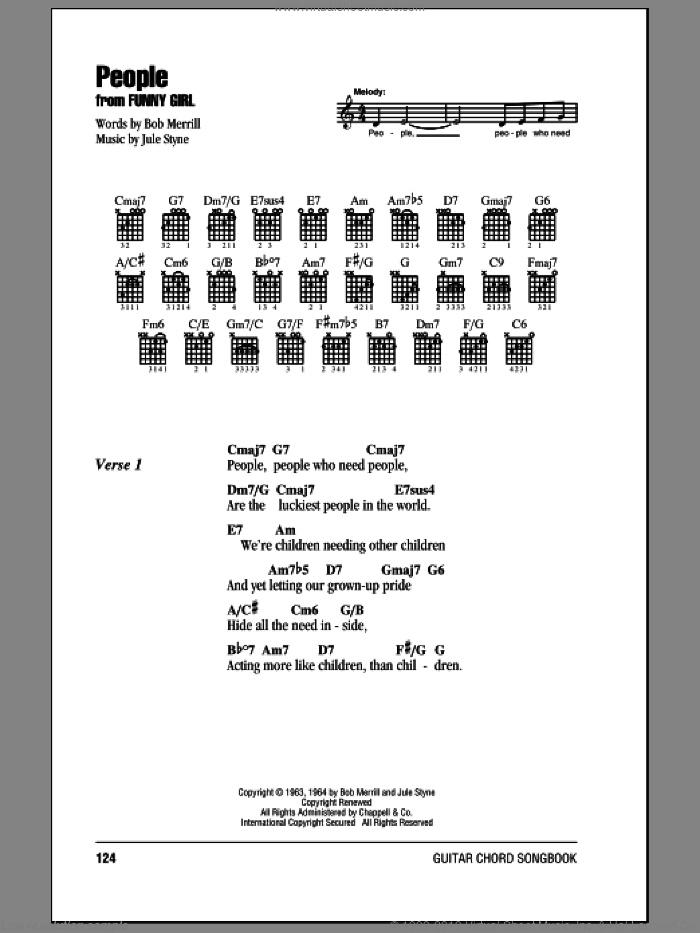People sheet music for guitar (chords) by Barbra Streisand, Bob Merrill and Jule Styne, intermediate skill level