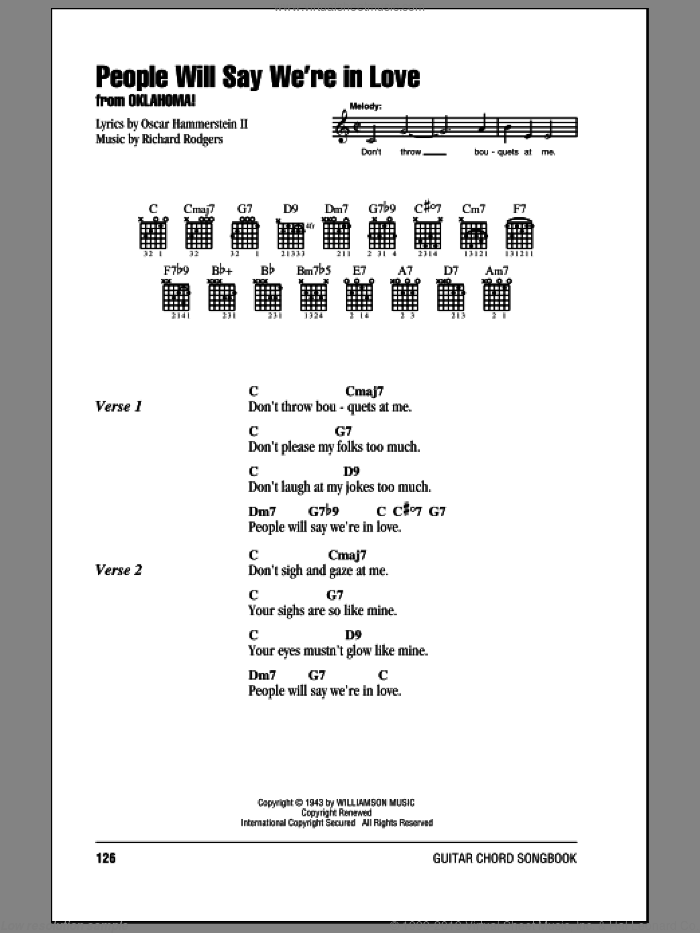 People Will Say We're In Love (from Oklahoma!) sheet music for guitar (chords) by Rodgers & Hammerstein, Oklahoma! (Musical), Oscar II Hammerstein and Richard Rodgers, intermediate skill level
