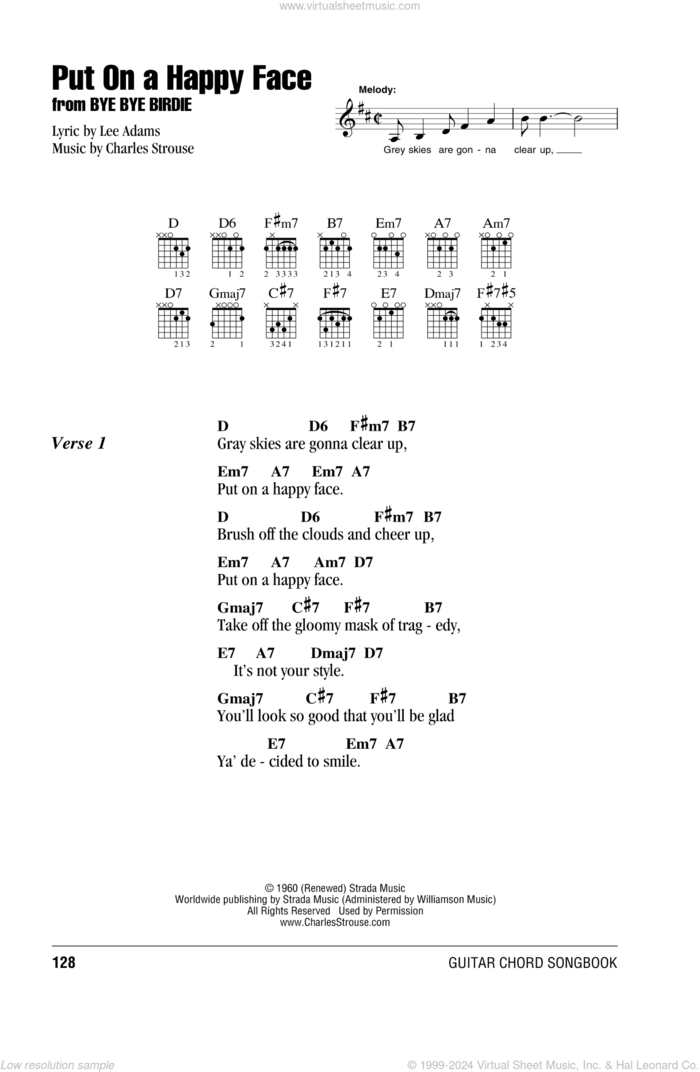 Put On A Happy Face sheet music for guitar (chords) by Charles Strouse, Bye Bye Birdie (Musical) and Lee Adams, intermediate skill level