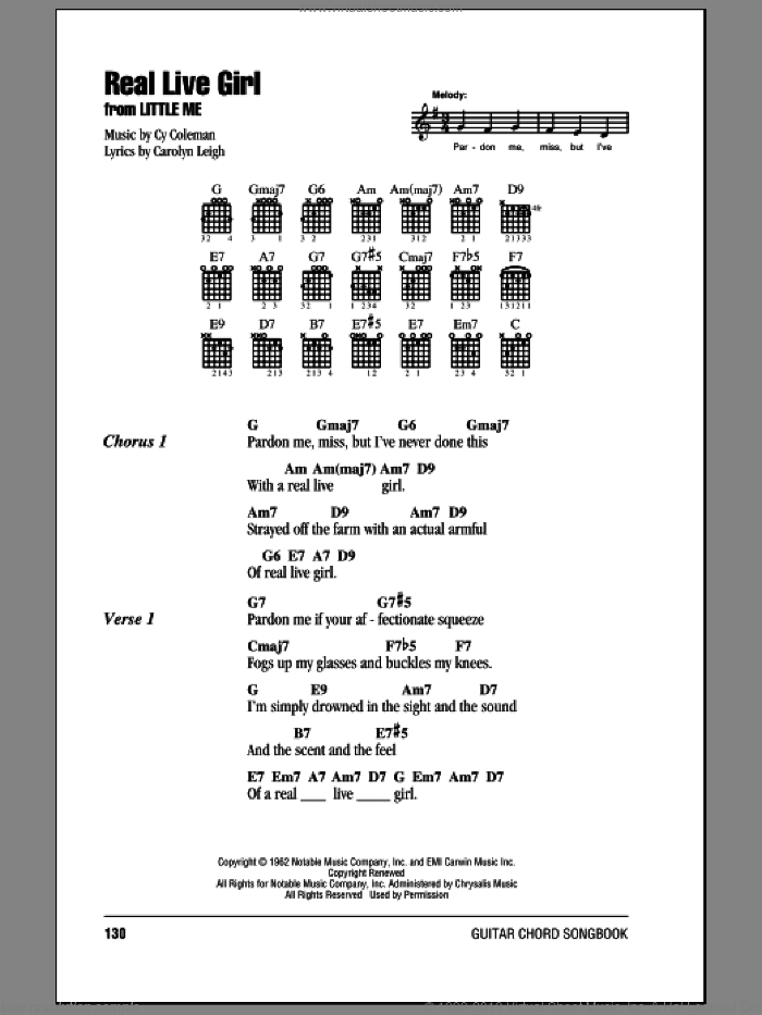 Real Live Girl sheet music for guitar (chords) by Cy Coleman and Carolyn Leigh, intermediate skill level