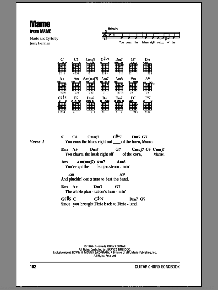 Mame sheet music for guitar (chords) by Jerry Herman and Mame (Musical), intermediate skill level