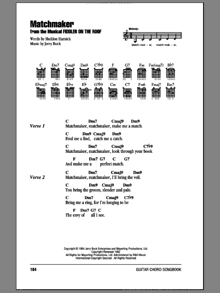 Matchmaker (from Fiddler On The Roof) sheet music for guitar (chords) by Bock & Harnick, Fiddler On The Roof (Musical), Jerry Bock and Sheldon Harnick, intermediate skill level