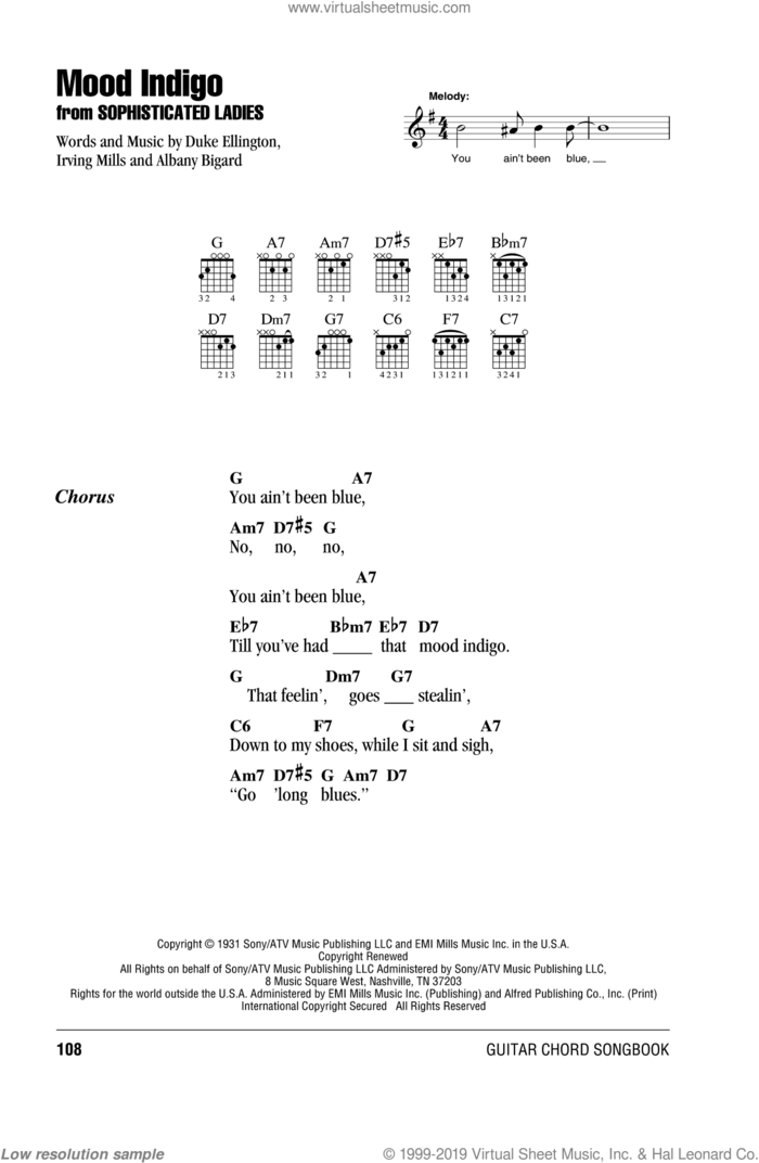 Mood Indigo sheet music for guitar (chords) by Duke Ellington, Albany Bigard and Irving Mills, intermediate skill level
