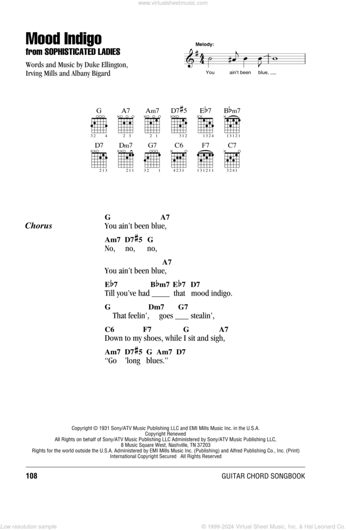 Mood Indigo sheet music for guitar (chords) by Duke Ellington, Albany Bigard and Irving Mills, intermediate skill level