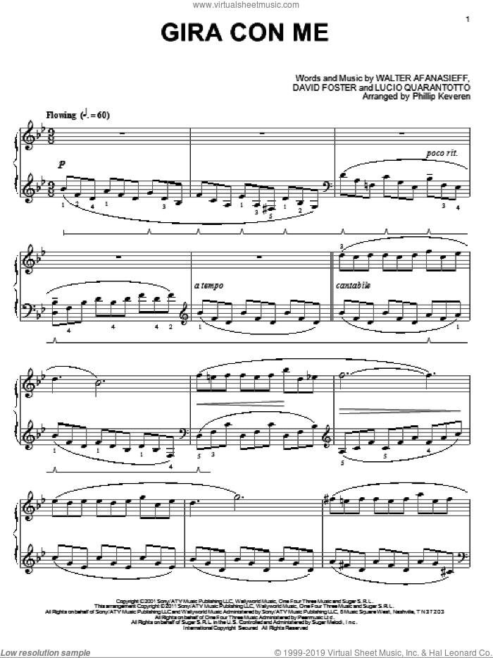 Gira Con Me (arr. Phillip Keveren) sheet music for piano solo by Josh Groban, Phillip Keveren, David Foster, Lucio Quarantotto and Walter Afanasieff, intermediate skill level