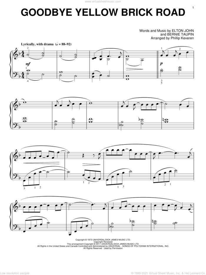 Goodbye Yellow Brick Road (arr. Phillip Keveren) sheet music for piano solo by Elton John, Phillip Keveren and Bernie Taupin, intermediate skill level