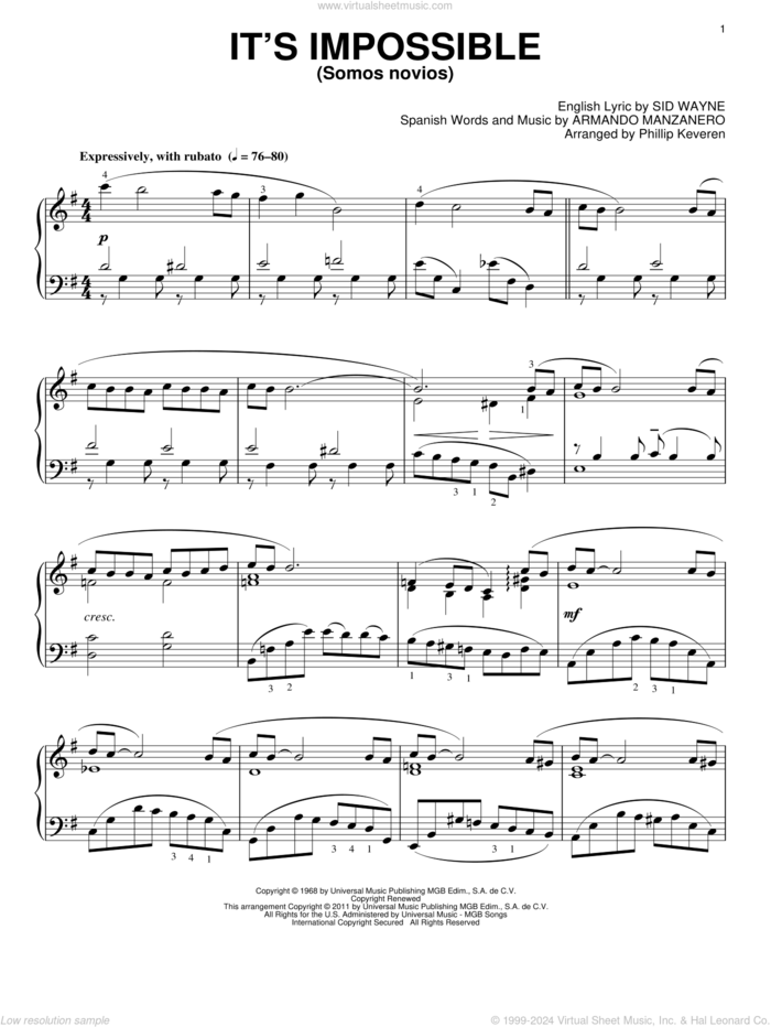 It's Impossible (Somos Novios) (arr. Phillip Keveren) sheet music for piano solo by Perry Como, Phillip Keveren, Elvis Presley, Armando Manzanero and Sid Wayne, intermediate skill level