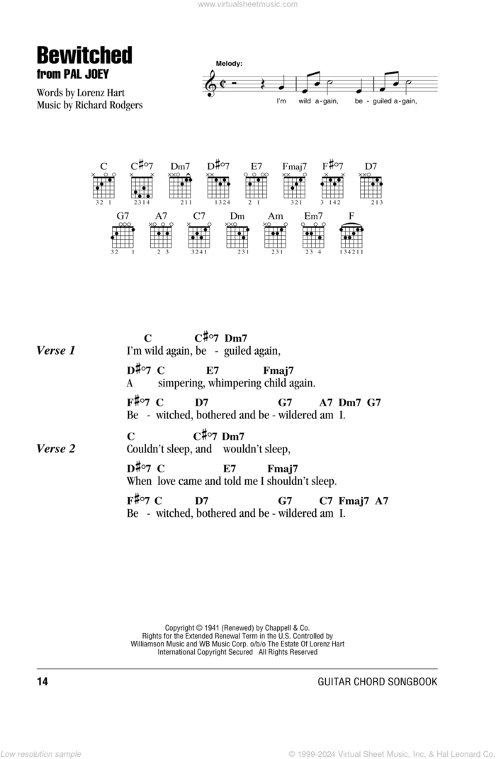 Bewitched sheet music for guitar (chords) by Rodgers & Hart, Pal Joey (Musical), Lorenz Hart and Richard Rodgers, intermediate skill level