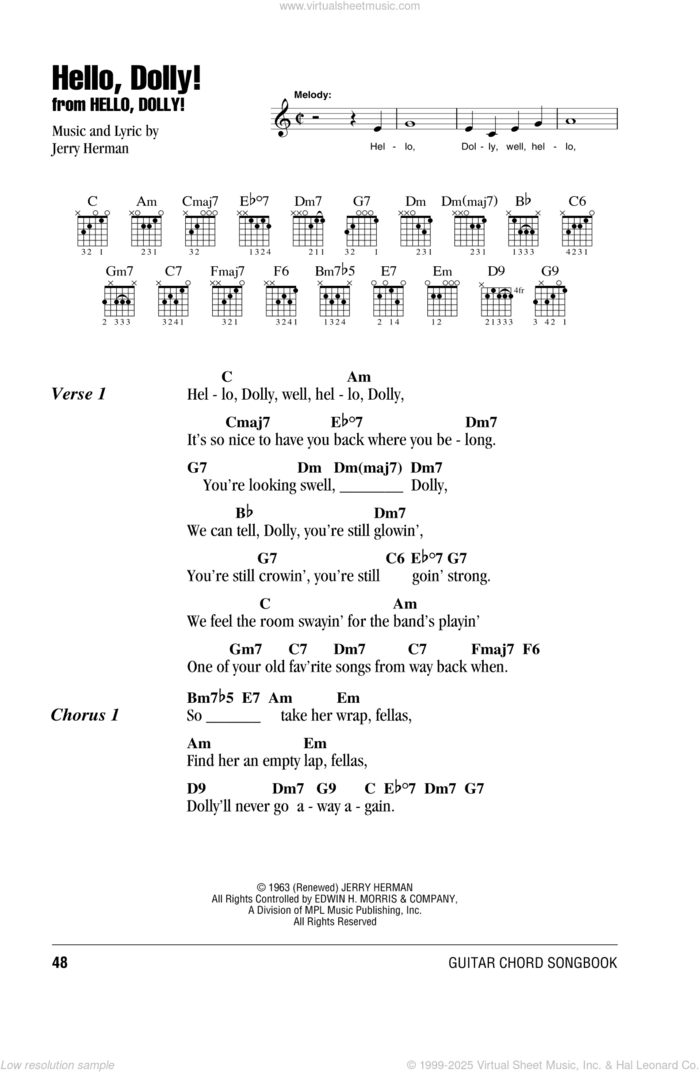 Hello, Dolly! sheet music for guitar (chords) by Louis Armstrong, Hello, Dolly! (Musical) and Jerry Herman, intermediate skill level