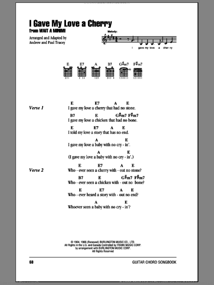 I Gave My Love A Cherry (The Riddle Song) sheet music for guitar (chords) , Andrew Tracey and Paul Tracey, intermediate skill level