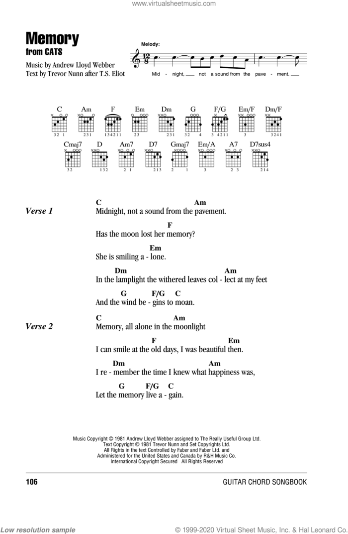 Memory (from Cats) sheet music for guitar (chords) by Andrew Lloyd Webber, Barbra Streisand, Cats (Musical) and Trevor Nunn, intermediate skill level