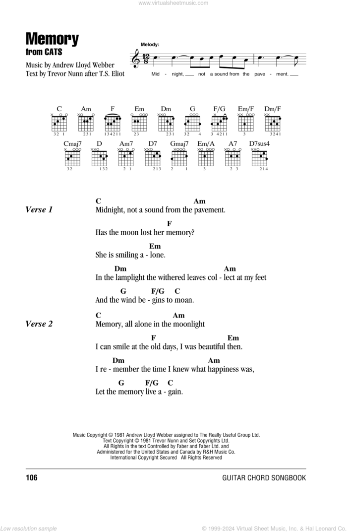 Memory (from Cats) sheet music for guitar (chords) by Andrew Lloyd Webber, Barbra Streisand, Cats (Musical) and Trevor Nunn, intermediate skill level